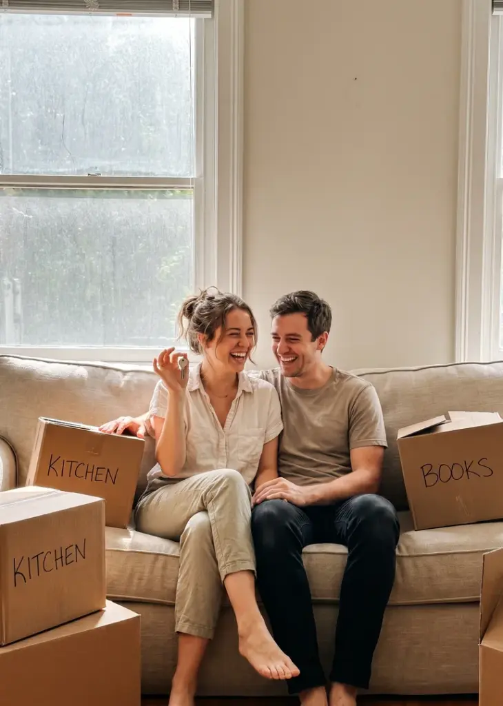 Happy couple with keys among moving boxes in their new Orlando home