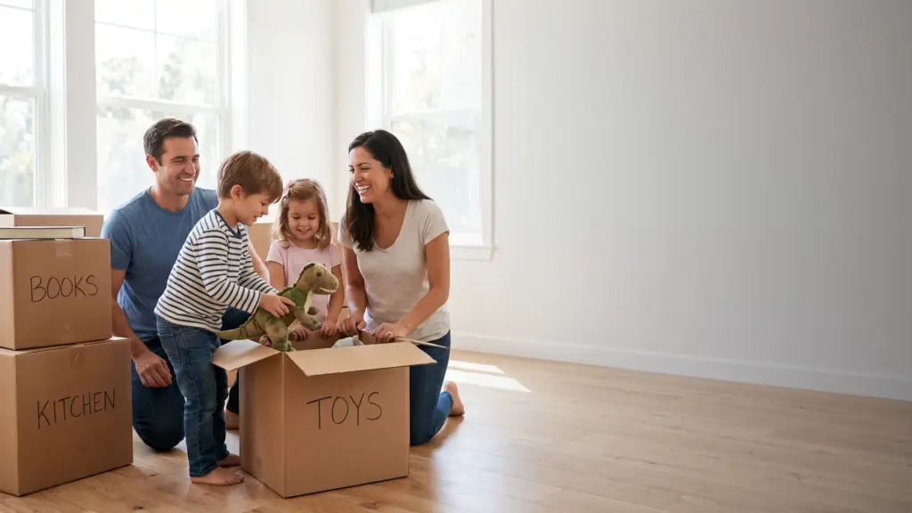 Happy family unpacking moving boxes in their new Orlando home