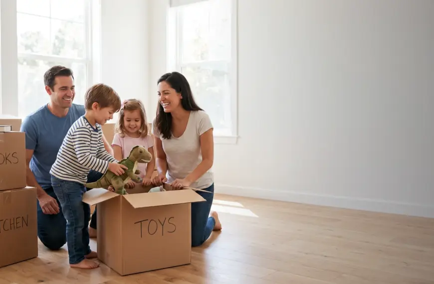Happy family unpacking moving boxes in their new Orlando home