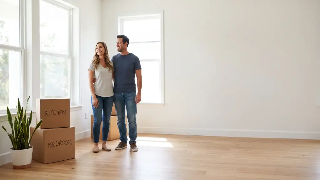 Happy couple in their new Longwood FL home on moving day